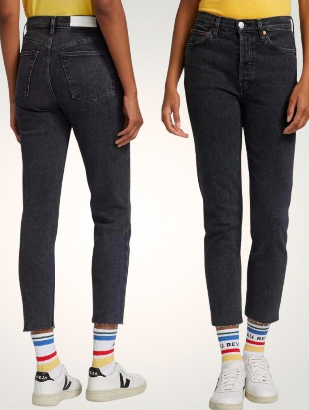 RE/DONE Jeans 90s High Rise Ankle Crop Raw Hem Button Fly Dark Gray/Black 29